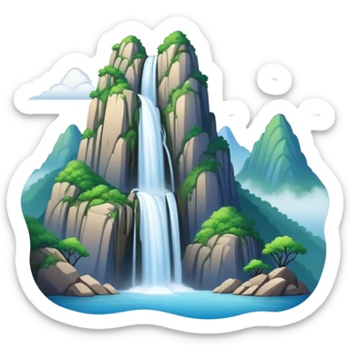 Mount Lu waterfalls and mist Jiangxi, simplified emoji style with bold outlines and bright colors, cartoon style misty mountain with waterfall sticker