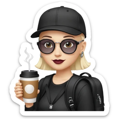 ["A happy woman with light skin, bald, wearing a baseball cap and sunglasses, dressed in goth fashion, is drinking coffee while holding a backpack."] sticker
