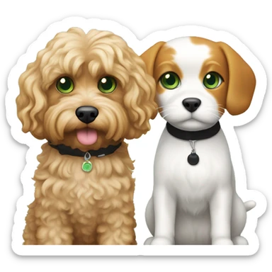 a blond apricot colored cavapoo standing next to a calico cat with a mix of black, orange, and white fur, green eyes sticker