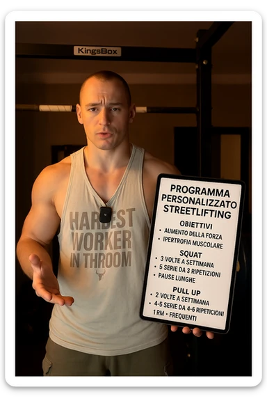 Uomo che crea un programma personalizzato per un suo cliente, sullo streetlifting, tutto in italiano sticker