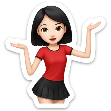 Chicas esbelta con falda corta negra y top rojo,pelo semi largo negro y lacio  super feliz,pero bailando sticker