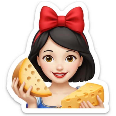  smiling Snow White with red bow ob head holding wedge of cheese sticker