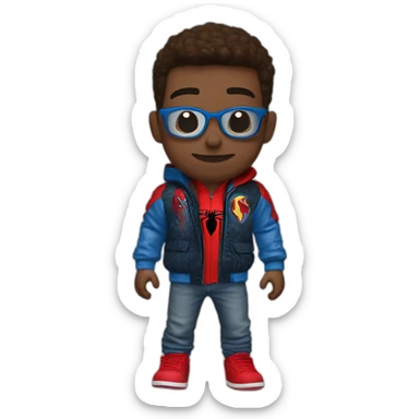 Boy waring spider man jacket and waring white jordan 4 sticker