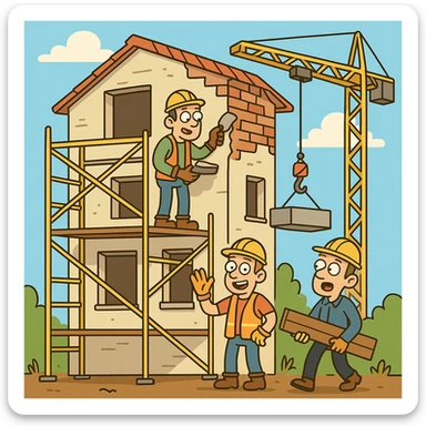 a partially renovated building with scaffolding, a crane, and workers in hard hats, bright and cheerful colors, cartoon style sticker
