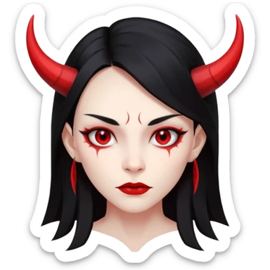 Head only demon girl: ENTIRE skin flat solid red, long straight sleek black hair, sharp cheekbones/jaw, small horns; centered, no body, no text. sticker