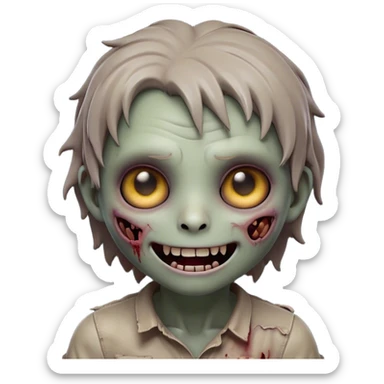Cinematic Cute Zombie Portrait Emoji, with a delightfully quirky, slightly disheveled face in muted ashen hues, featuring quirky bright eyes and a playful, stitched-together smile, simplified yet irresistibly charming, highly detailed with a soft glowing outline that captures the adorable, offbeat spirit of a zombie who’s more cute than creepy! sticker