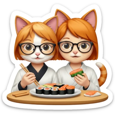 cute girl cat wearing glasses and a cute boy cat eating sushi together sticker