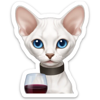 Slim white devon rex with blue eyes drinking wine sticker