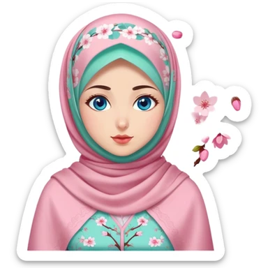 Turkish beautiful finish Konya girl blue eyes with cherry blossom floral pink and mint hijab islamic dress and with yummy Drooling face on the table sticker