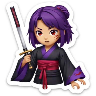 A samurai girl with deep purple hair, black kimono, holding a bloodstained katana sticker