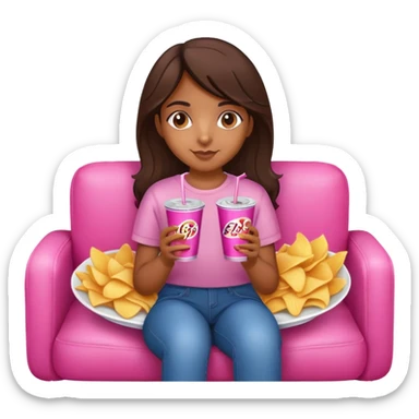 home brown girl with plate of chips and one soda drink in her hands, sitting at the pink sofa sticker