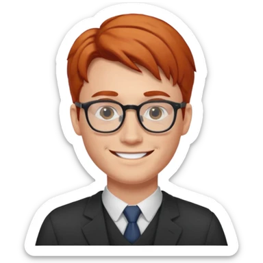 redhead male teacher with middle parted hair and glasses, young sticker