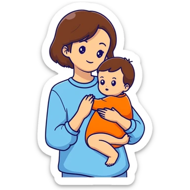 brunette girl with brown hair wearing pastel blue clothes holding a baby sticker