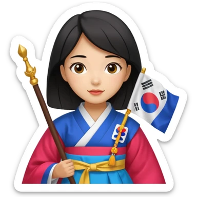black hair girl with colorful hanbok holding south korea flag with white background sticker