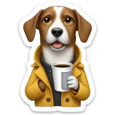 Dog wearing a coat and drinking coffee sticker