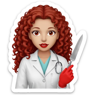 0Scary woman scalpel in hand, evil surgeon sexy surgeon clothes.  She has red eyes. Her  brown long curly hair. Wears sexy doctor outfit with red gloves. make her hair free and brown but she  wear mouth cover   to hide. Wears white surgeon jacket and  only   death long , long beown hair  sticker