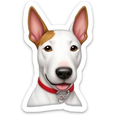 Bullterrier with collar a red sticker