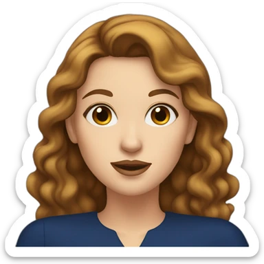 A white woman with brown hair, making an air kiss, wearing long earrings and a dark blue dress sticker