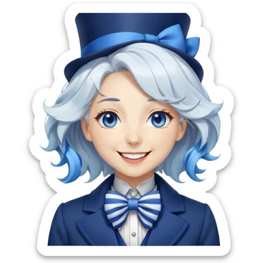 Beautiful gorgeous anime lady with white wavy hair with thin blue stripes, blue eyes, blue short top hat with a blue bow tie, smug smirk, laughing, happy, blue coat, blue cravat, white gloves sticker