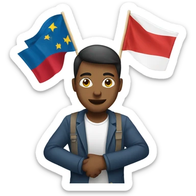 man holding banner with different flags and w sticker