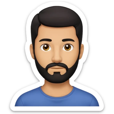 A man with black eyes. With a black beard and medium smooth hair. with the neck sticker