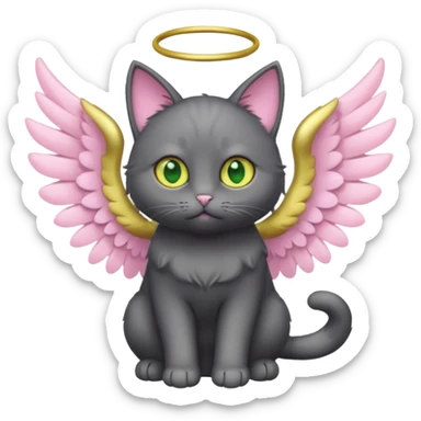 Dark gray cat with light pink ears and green-yellow eyes that has angel wings sticker