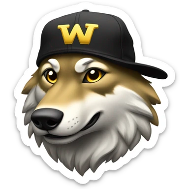 Wolf wearing a black baseball hat with a golden W on it  sticker