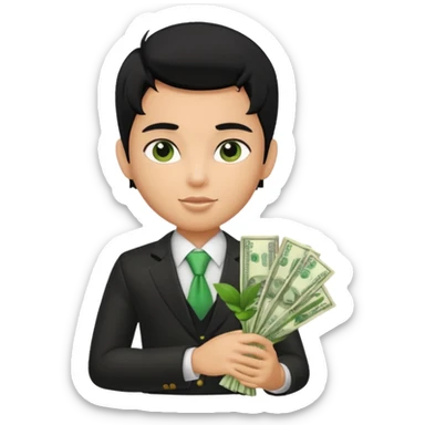 a pretty bratz boy with black hair, holding a bouquet made of money sticker