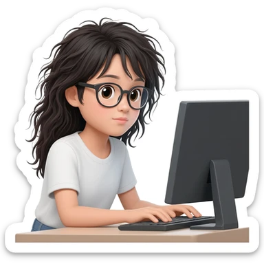 chinese girl with messy long  hair and glasses working from home  on PC half body and front view profile sticker