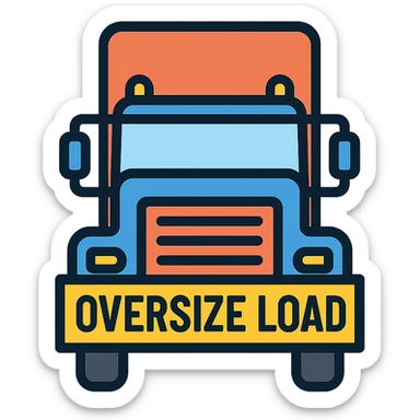 large truck carrying oversized load with bright yellow OVERSIZE LOAD banner on front, bold and clear style sticker