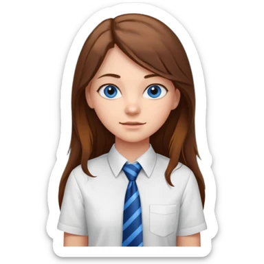 high school class room with a blackboard, with a pretty female high school student with long brown hair, blue eyes, wearing a tie sticker