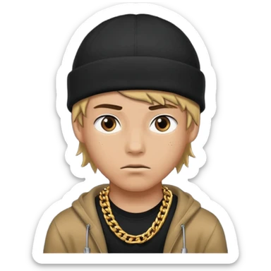 Create an Apple style emoji of a young man wearing a black beanie and a thick chain, with a serious expression. No text. sticker