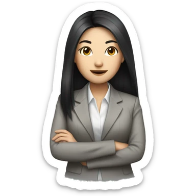 an Asian woman with long black hair, suit, PC sticker