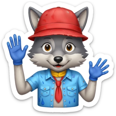 Wolf cartoon shaking hand wering hat and paint shirt  sticker