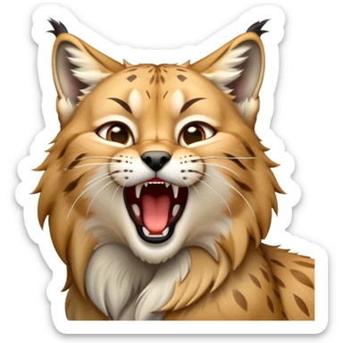 Cinematic-detailed-Yawning-Lynx-Portrait-Emoji – Head tilted slightly with a dramatic, wide-open yawn, revealing a sleek golden-brown fur coat with subtle spots, signature black ear tufts standing tall, round amber eyes barely open in drowsy contentment zoomed out to show the shoulders sticker