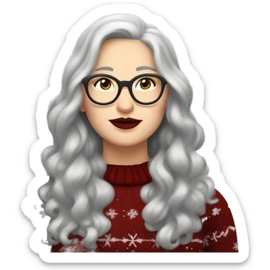 Attractive Caucasian woman with long grey hair, wearing wire frame glasses, dark red lipstick, and a christmas sweater, she has a chubby face but isn't fat sticker
