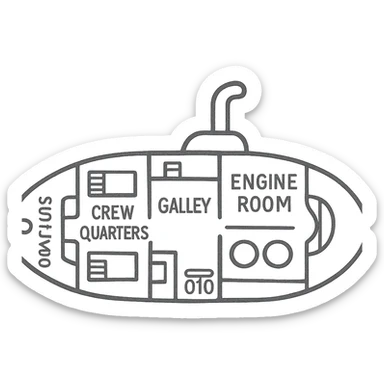 submarine floorplan, interior view, showing rooms and compartments, clear layout, top-down perspective, blueprint style, technical drawing, labeled rooms sticker