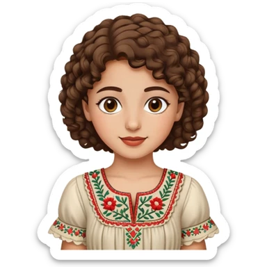 Palestinian girl emoji style, cheerful, short curly brown hair, traditional embroidered dress, subtle background sticker