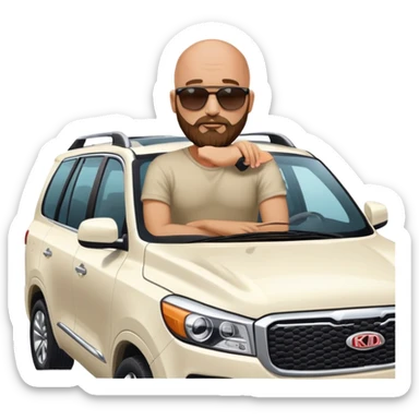 bald man with beard sitting on top of a white Kia Mohave SUV sticker