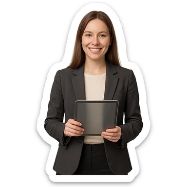 quest guide woman with straight light brown hair, academic outfit including blazer, blouse, pants, smiling, holding a digital tablet sticker