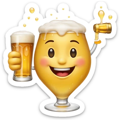 it should be a laughing emoji pointing forward and crying with laughter with a glass of beer in his other hand sticker