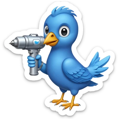 A blue Twitter bird holding a large drill sticker