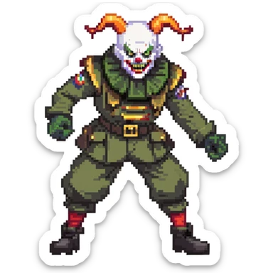 evil clown soldier, bald, short devil horns on forehead, fangs, pointed ears, black and military green clothes, fighting stance sticker