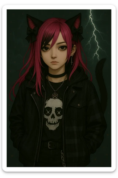 Change the character's outfit to a modern, stylish streetwear look with layered jackets, graphic tee, and accessories, while keeping the emo style, pink hair, dark magical accessory, sparkles, stormy background, and normal face in a realistic anime style. sticker