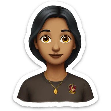 indian woman with long dark hair, brown eyes, and a harry potter t-shirt sticker