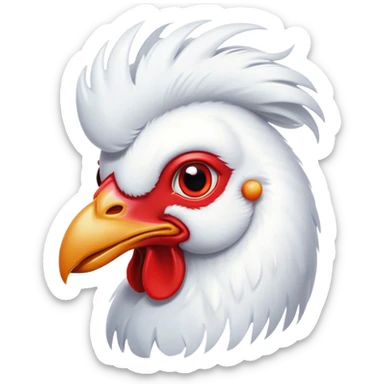 Cinematic Cute White Rooster Portrait Emoji, Head tilted playfully and inquisitively, featuring a glossy, immaculate white plumage with a vibrant red comb, round, sparkling eyes filled with curiosity, Simplified yet irresistibly adorable features, highly detailed, glowing with a warm, friendly glow, high shine, affectionate and spirited, stylized with a touch of farmyard whimsy, bright and endearing, soft glowing outline, capturing the essence of a mischievous yet loving rooster, so playful it feels like it could strut out of the screen and into your arms! sticker