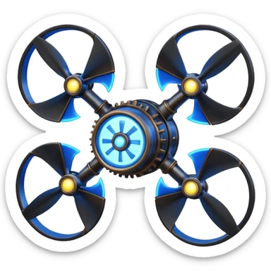 A Discord emoji of a black iron mechanical propeller or anchor with glowing blue energy lines. Steampunk-gothic fusion, high visibility, white background. sticker