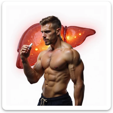 bodybuilder taking an anabolic pill, stylized image of inflamed or damaged liver in background, risk atmosphere, isolated on white background sticker