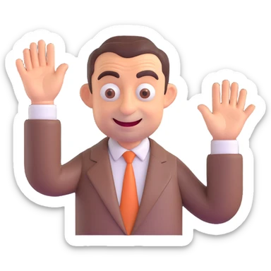 Happy Mr. Bean waving, 3D emoji style, no background, smooth and polished 3D rendering, friendly and cheerful expression. sticker