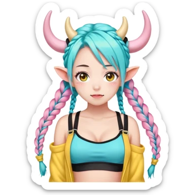 En anime-jente med to rosa lange tykke fletter og cyan striper i håret, ku-horn og ku-ører, sort BH-topp over en gul cropped-fleece-blouse sticker